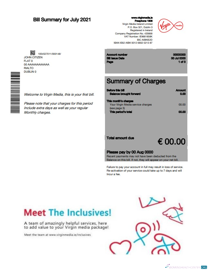 download Ireland Virgin Media utility bill template in Word and PDF format, version 2 PDF template